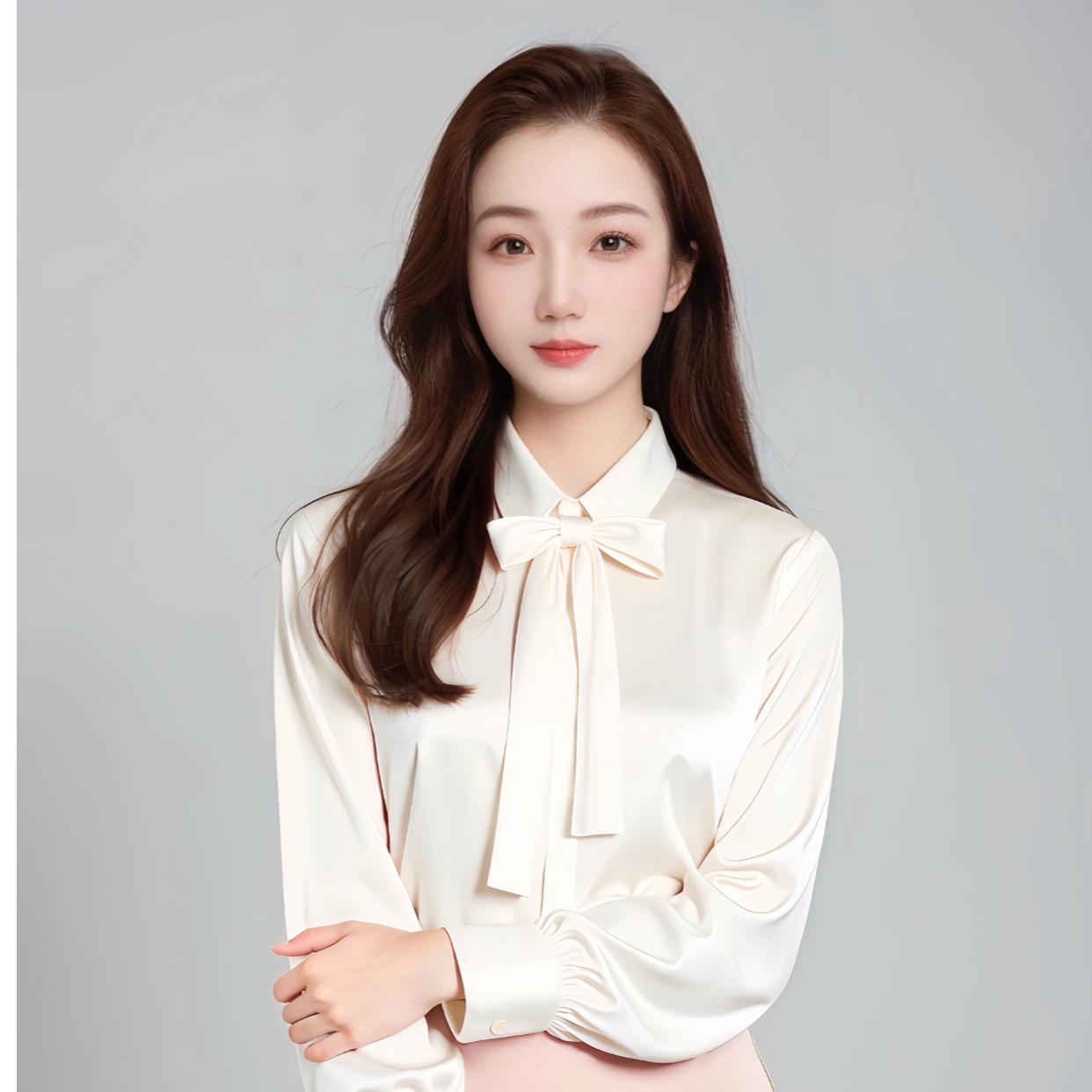 四十岁左右中年女性头像，穿职业套装，长发披肩，面带微笑，眼神温和，白色背景